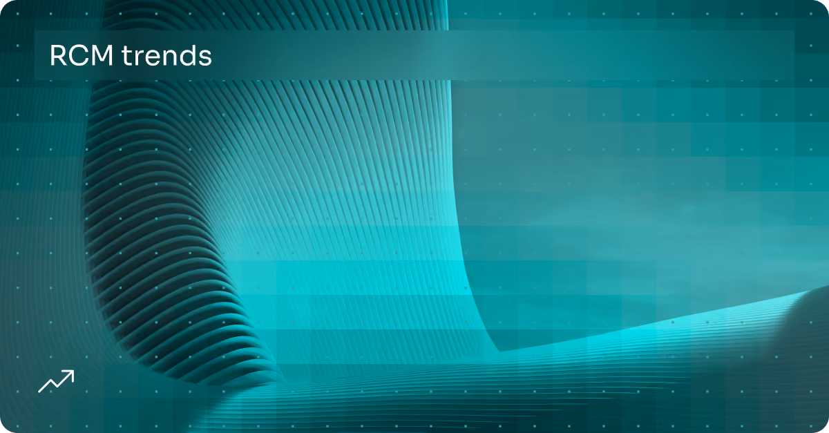Abstract teal wave patterns with grid dots and the text 'RCM trends' in a translucent overlay.