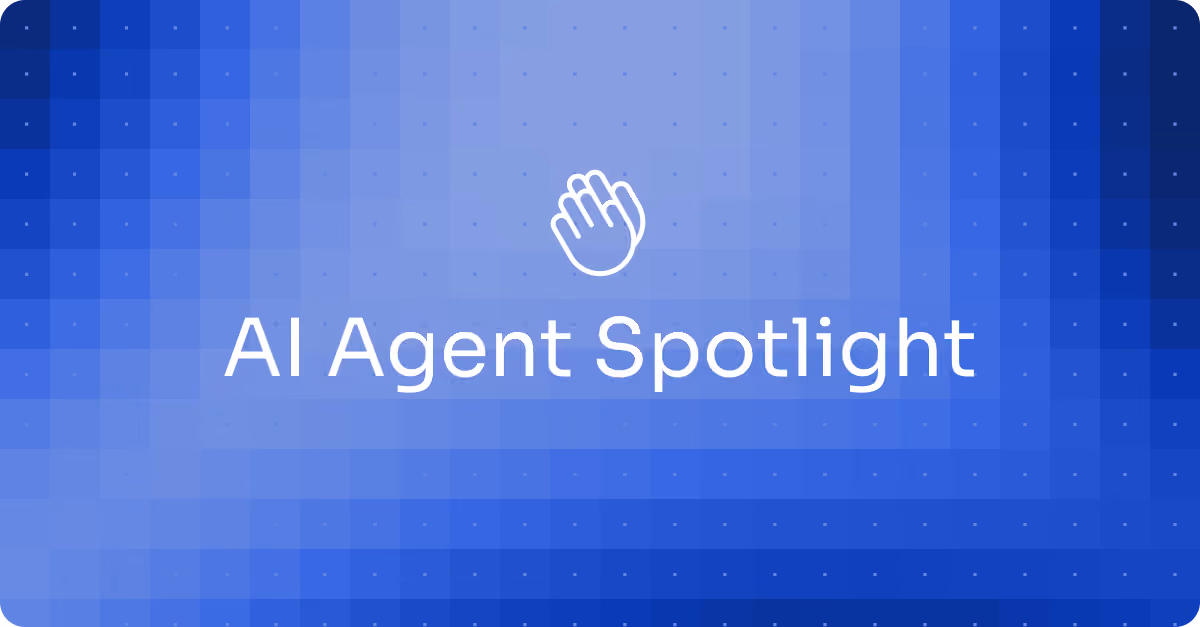 White hand icon above the text AI Agent Spotlight on a blue gradient pixelated background.
