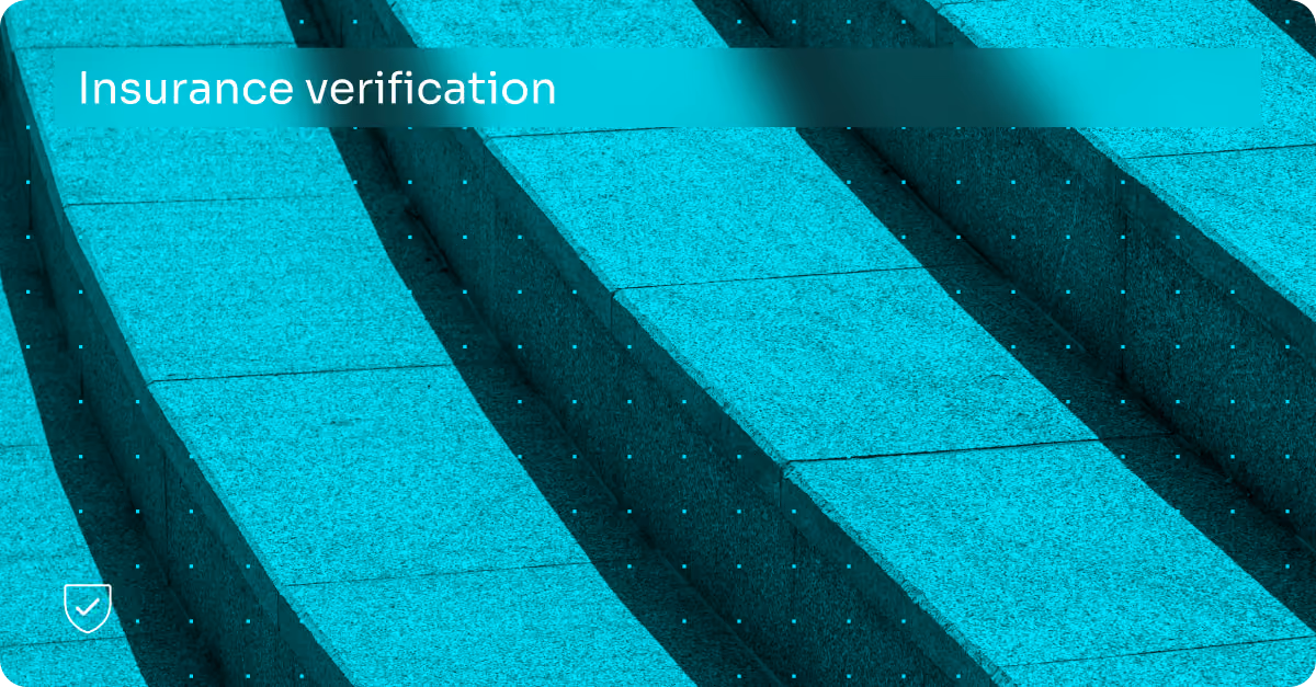 Blue-tinted image of stone steps with 'Insurance verification' text and shield checkmark icon.