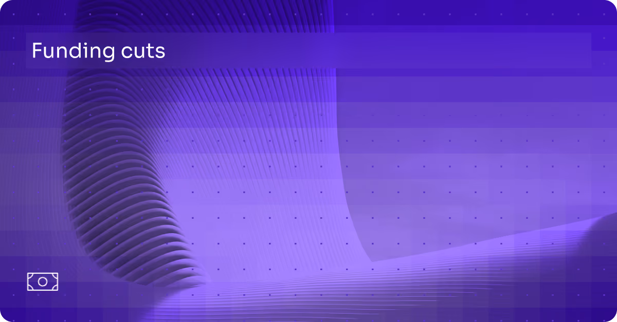 Purple abstract background with the text 'Funding cuts' and a small money icon in the corner.