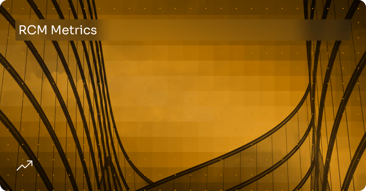 Modern glass building facade with curved lines and overlay text reading 'RCM Metrics'.