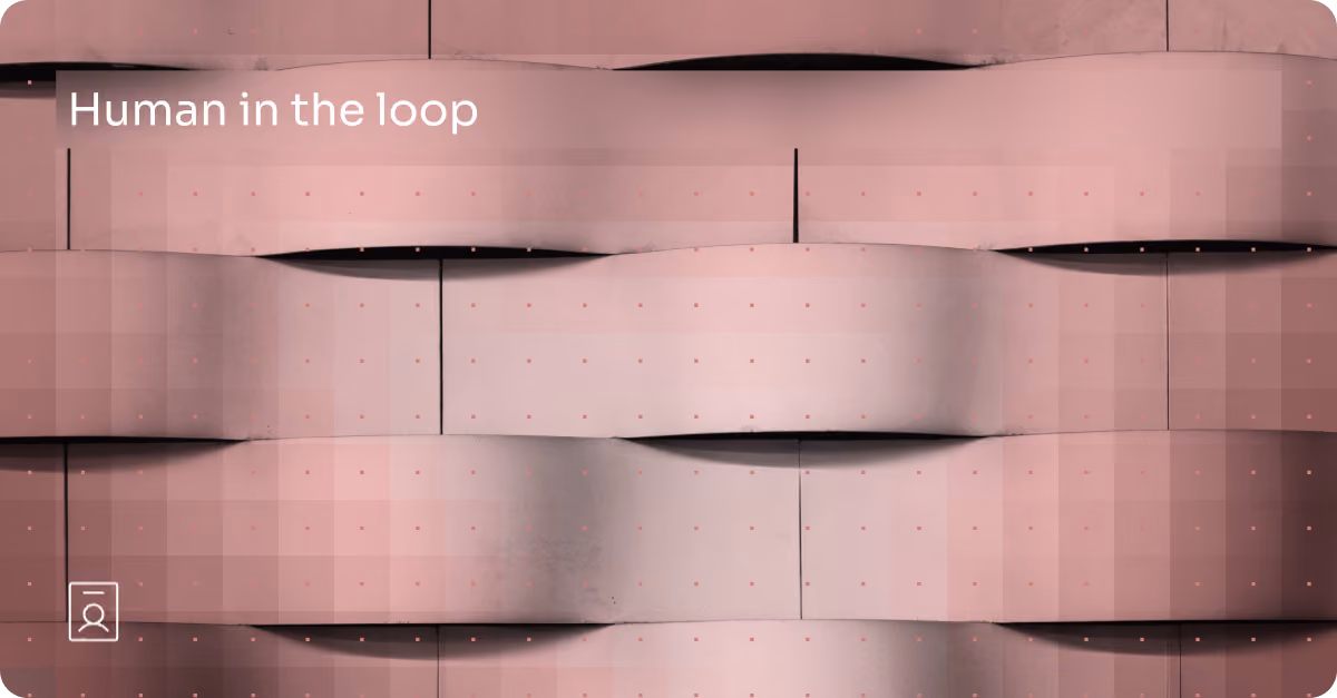 Abstract pink and gray interlocking wave-like shapes with the text 'Human in the loop'.