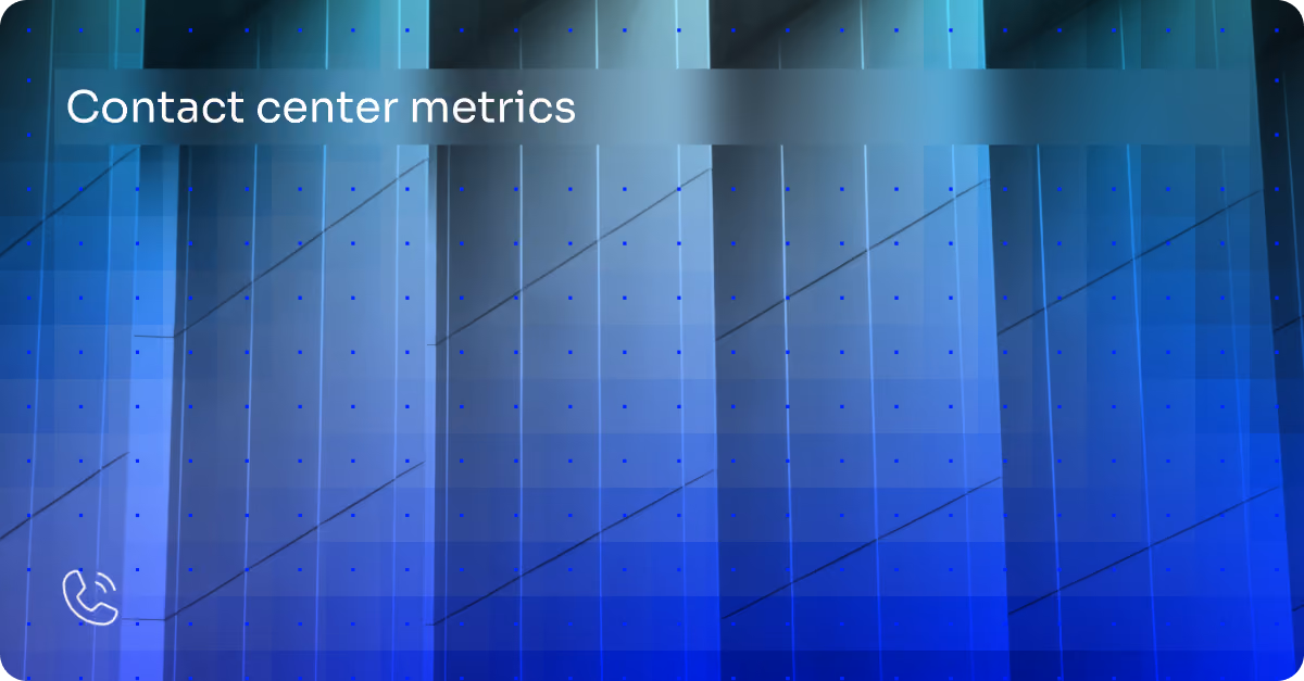 Blue abstract background with text Contact center metrics and a small phone icon in bottom left.