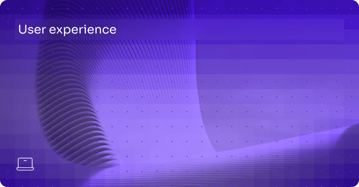 Purple abstract design with curved lines and dots, text reading 'User experience' and a laptop icon.