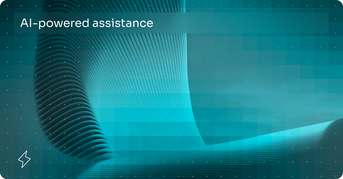 Abstract teal wave-like curved lines with the text AI-powered assistance in top left corner.