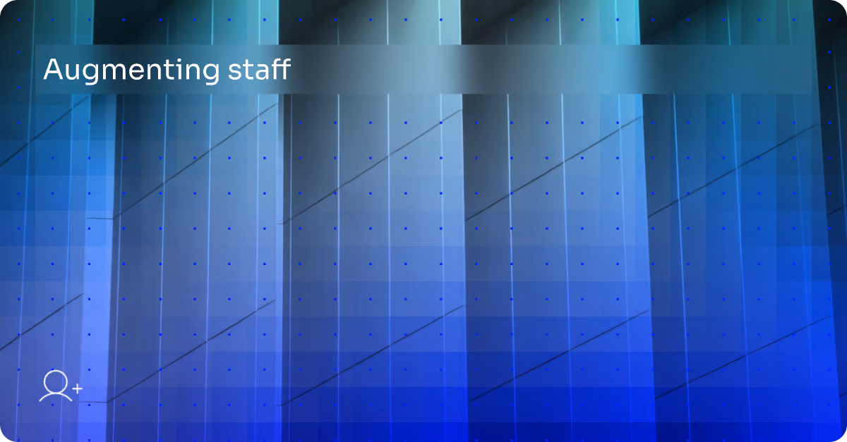Blue abstract background with the text 'Augmenting staff' and a small icon of a person with a plus sign.