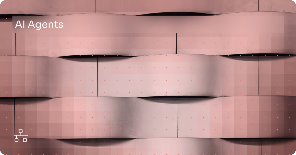 Abstract, curved layered shapes with a grid of small pink dots and text reading AI Agents.