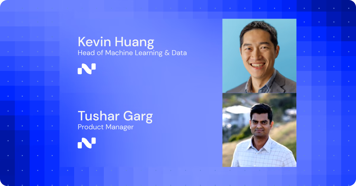 Portraits of Kevin Huang, Head of Machine Learning, and Tushar Garg, Product Manager, on blue background.