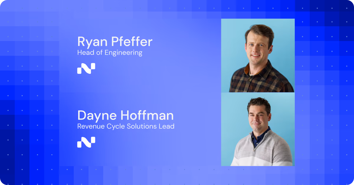 Headshots of Ryan Pfeffer, Head of Engineering, and Dayne Hoffman, Revenue Cycle Solutions Lead, on blue background.