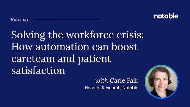 Webinar titled Solving the workforce crisis with Carle Falk, Head of Research at Notable, portrait included.