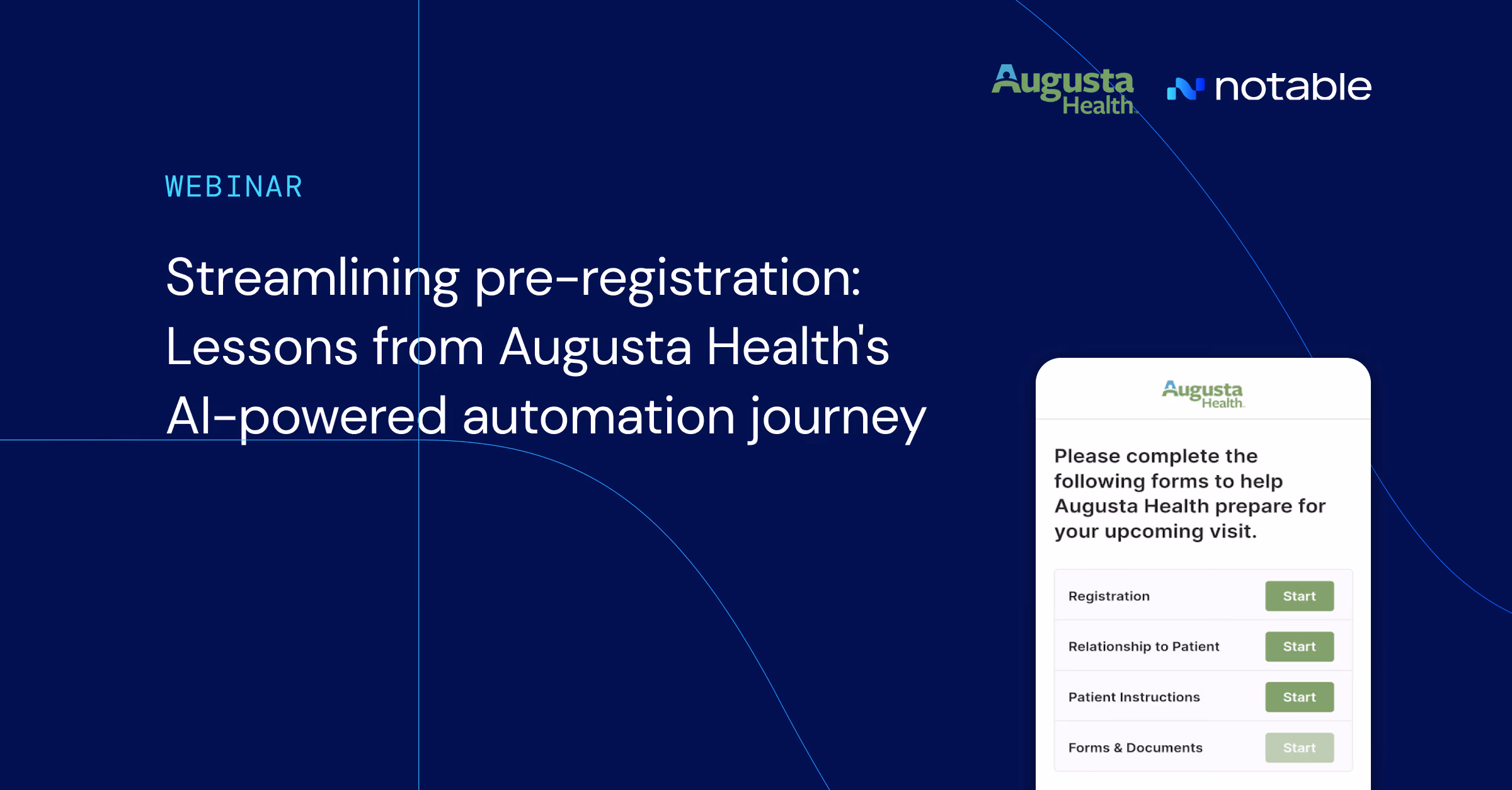 Webinar titled Streamlining pre-registration with Augusta Health's AI automation and form completion steps.
