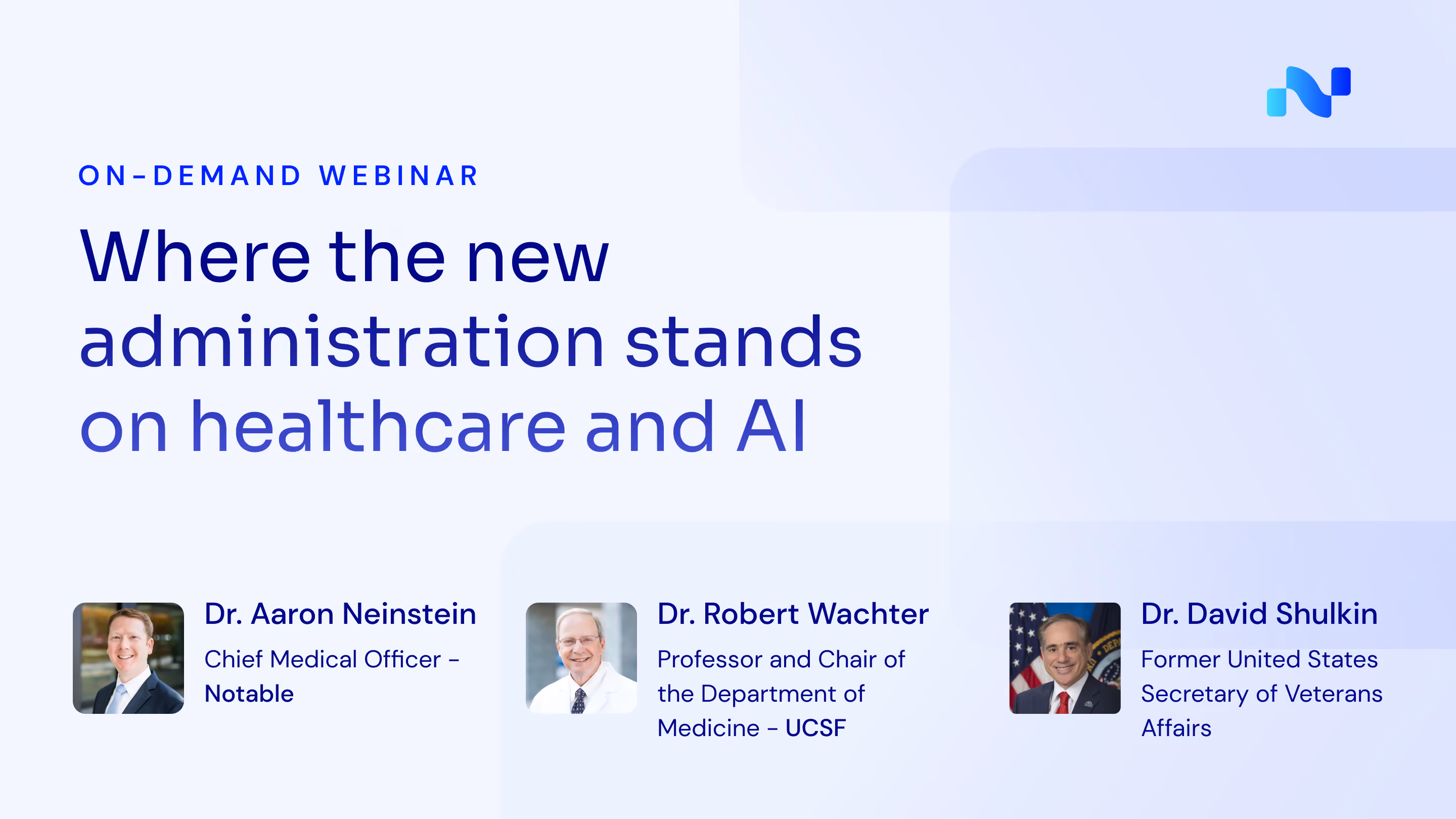 Webinar titled 'Where the new administration stands on healthcare and AI' with three speakers' photos and titles.
