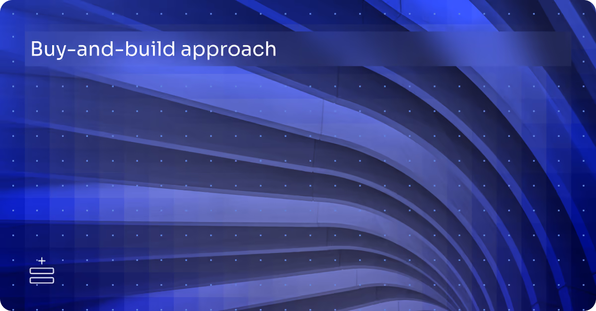 Abstract architectural blue design with curved lines and text: Buy-and-build approach.