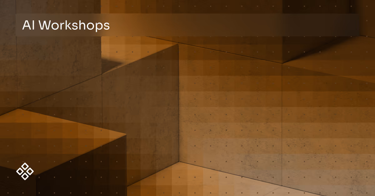 Geometric concrete stairs and walls with brown overlay and text reading AI Workshops.