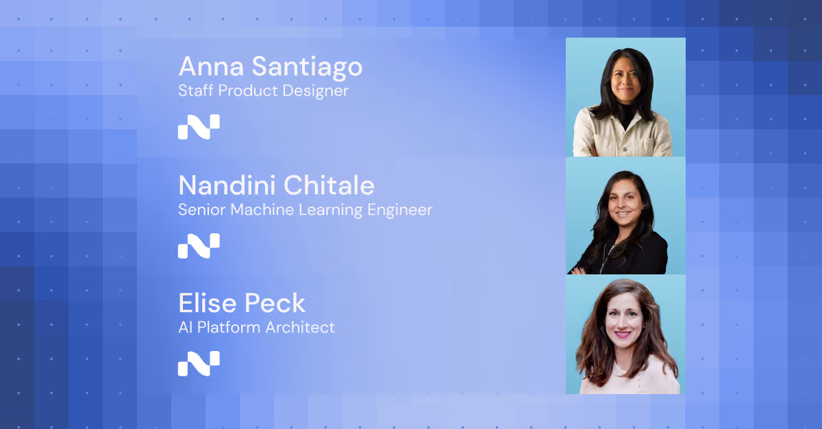 Three women professionals with titles: Staff Product Designer, Senior ML Engineer, and AI Platform Architect.
