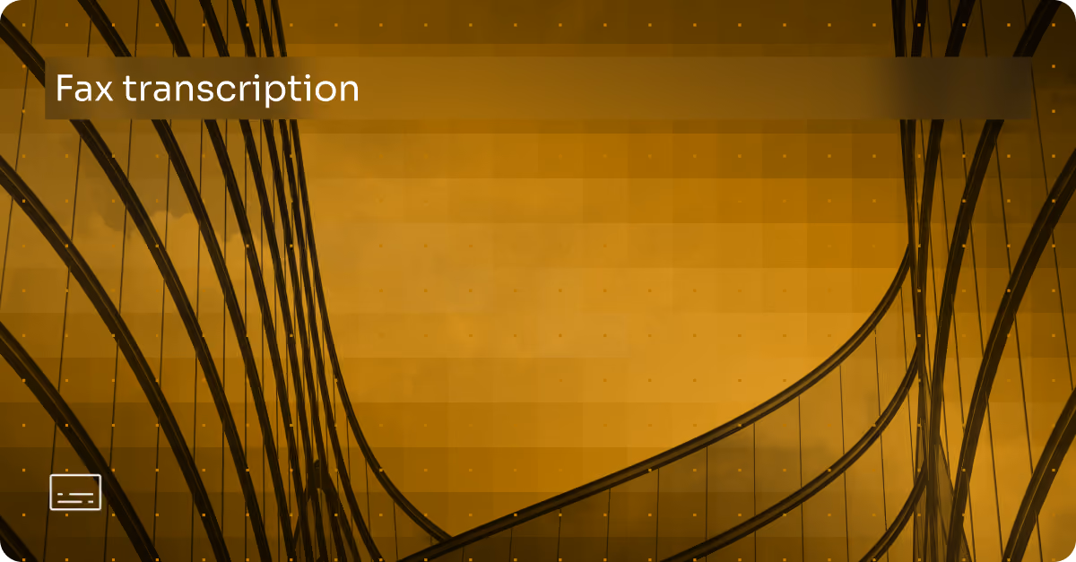 Modern glass buildings with a yellow overlay and the text 'Fax transcription' in white.
