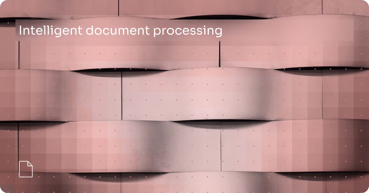 Abstract layered blocks background with text: Intelligent document processing and a document icon.