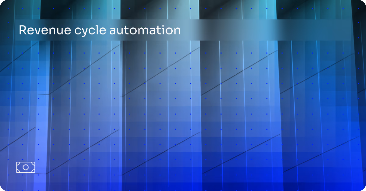 Blue-toned abstract background with text 'Revenue cycle automation' and a white money icon.