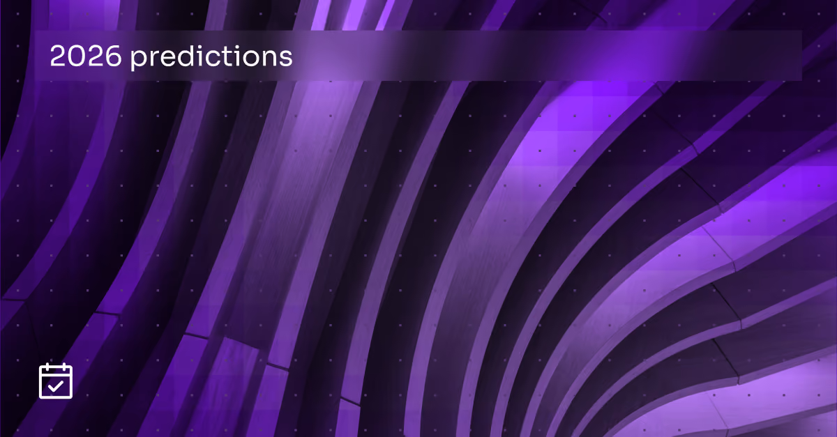 Abstract curved architectural structure in purple tones with text '2026 predictions' and a calendar icon.