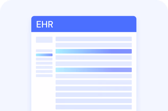Stylized digital interface labeled EHR with blue header and blurred text lines.
