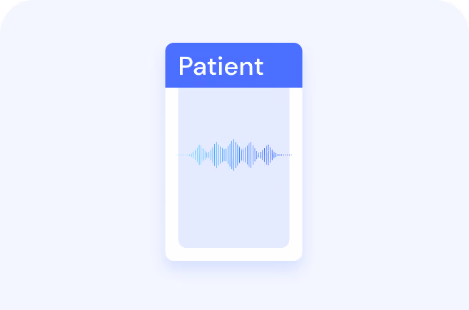 Blue and white card with the word Patient above a blue audio waveform on a light background.