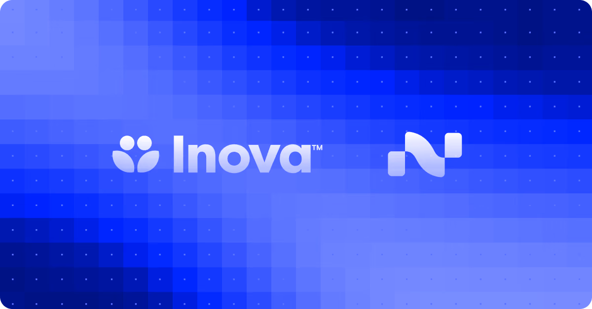 Inova logo with stylized person icon left and white curved N icon on textured blue background.