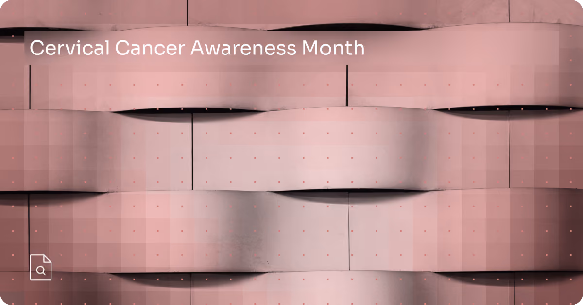 Abstract pink and gray background with text Cervical Cancer Awareness Month in white.