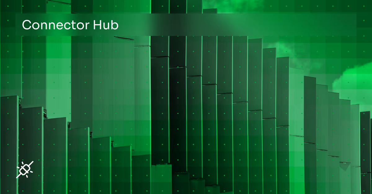 Modern glass building facade with text 'Connector Hub' overlayed in white on a green background.