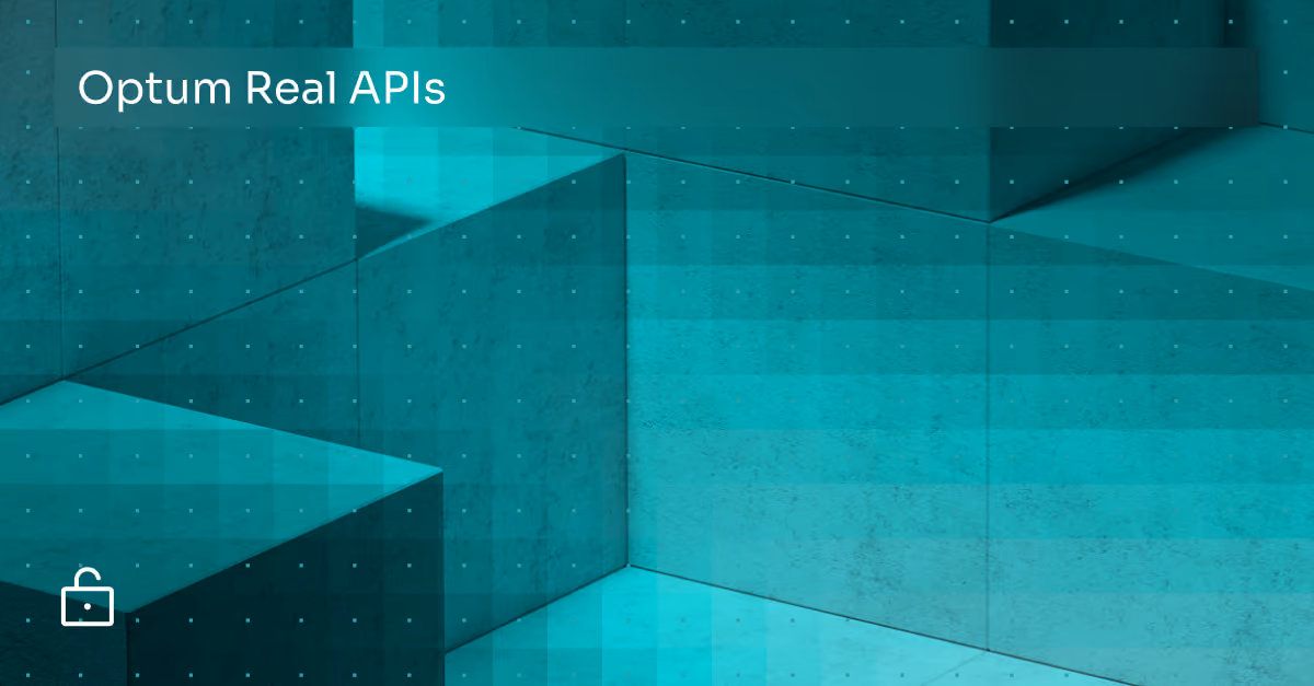3D concrete block structures with text saying Optum Real APIs on a teal gradient overlay.
