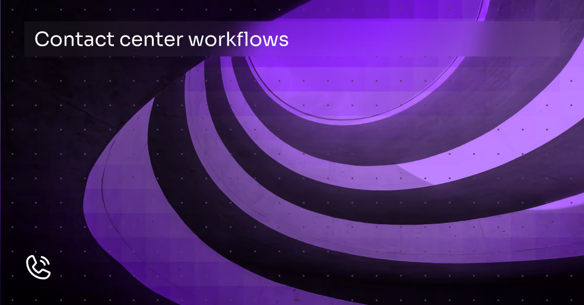 Spiral concrete structure with purple overlay and text reading 'Contact center workflows'.