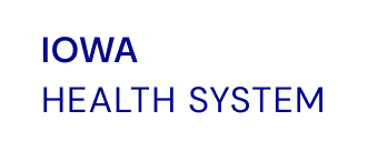 Logo with blue text reading Iowa Health System on a transparent background.