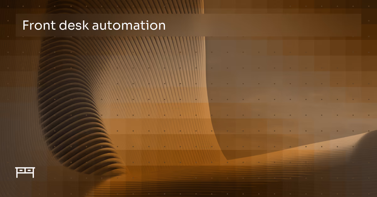 Curved abstract shapes with grid pattern and text on front desk automation on brown overlay.
