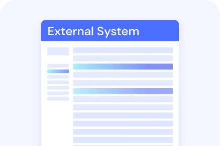 Interface window labeled External System showing a sidebar and highlighted content lines in blue.