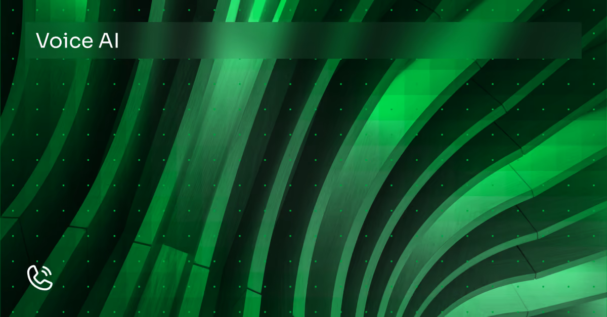 Abstract green and black curved lines with text 'Voice AI' and a white phone icon.