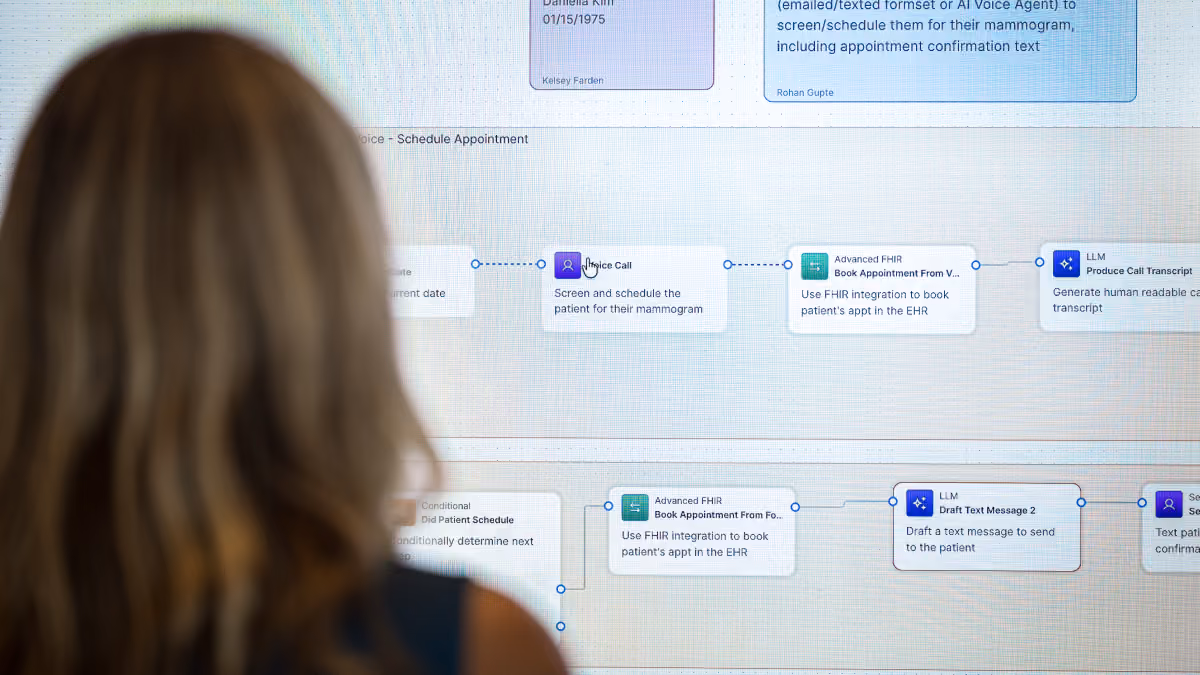 Woman viewing a screen showing a digital flowchart for scheduling patient mammogram appointments.