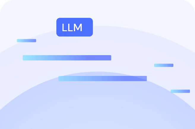 Abstract blue gradient shapes on light background with a label box reading LLM.