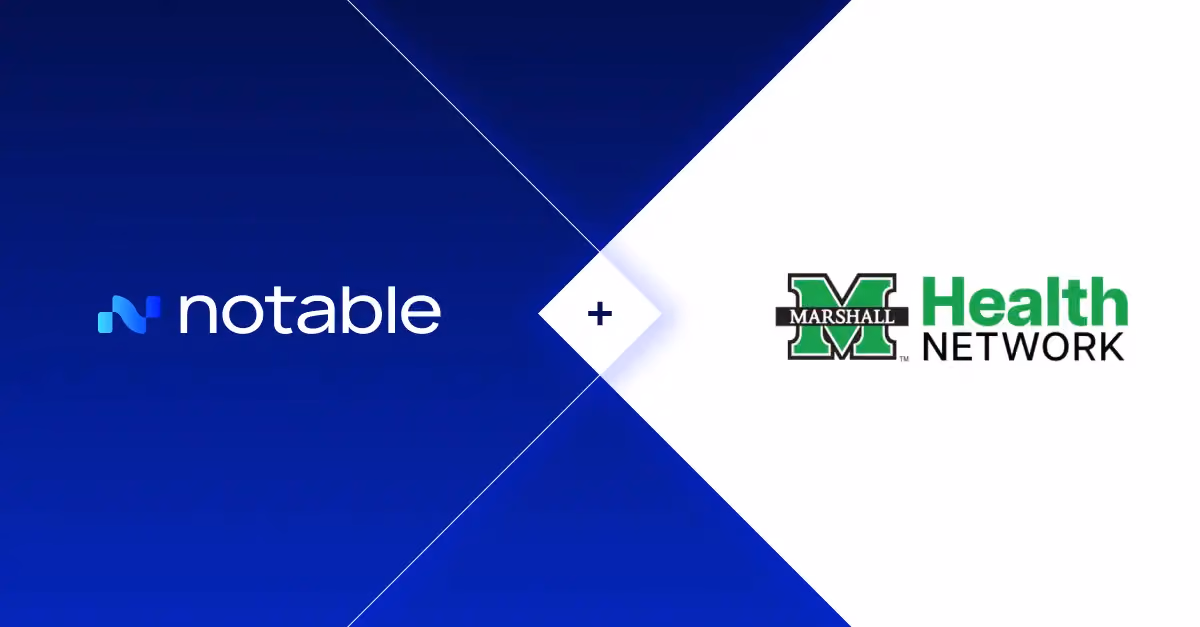 Notable logo on a blue background plus Marshall Health Network logo on a white background.