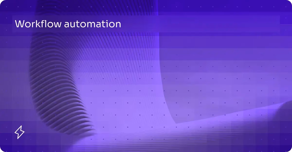 Purple abstract background with curved lines and the text 'Workflow automation' in white.