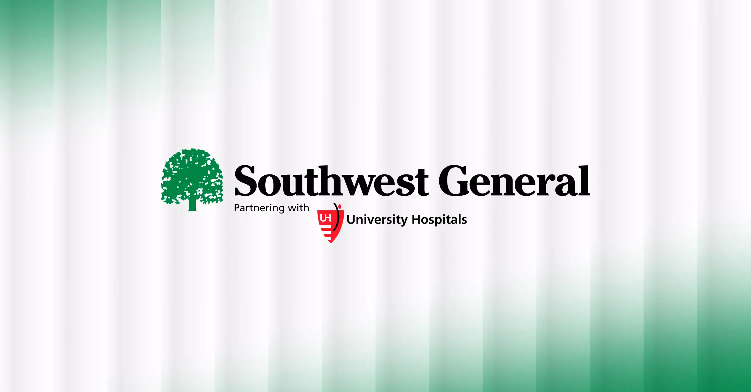 Southwest General logo with a tree icon and text 'Partnering with University Hospitals' and shield emblem.