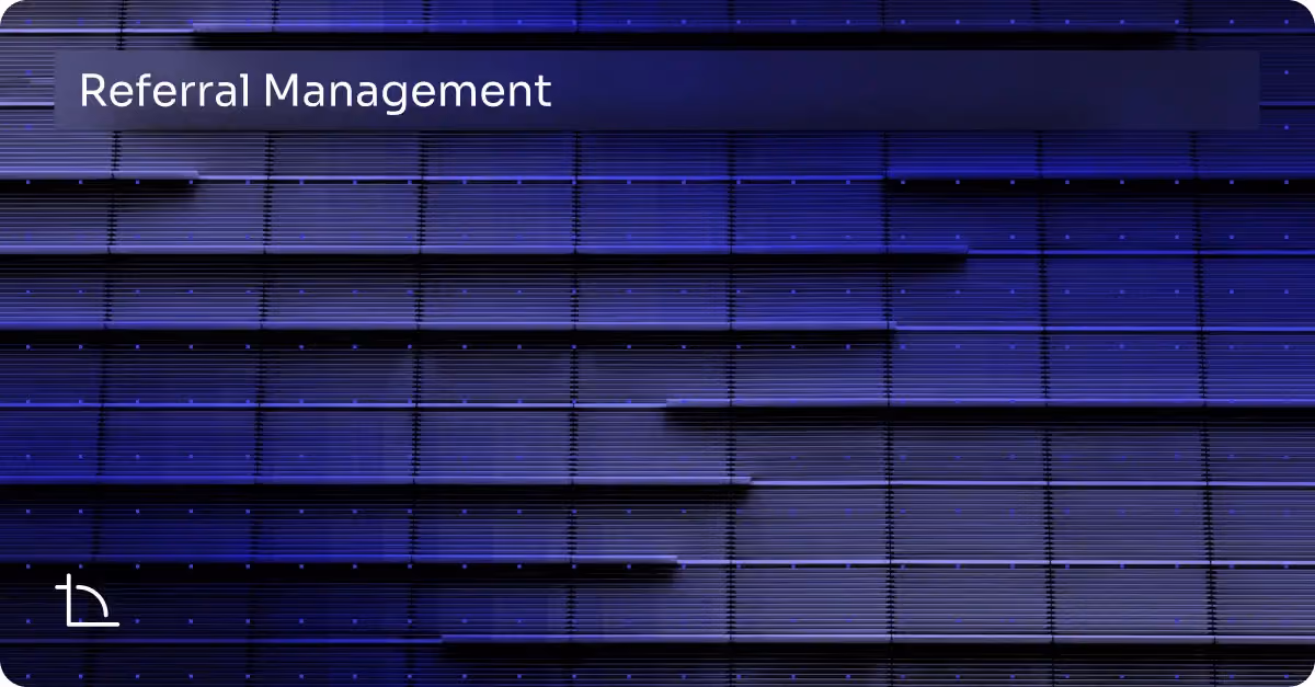 Blue abstract horizontal bars background with the title Referral Management at the top left.