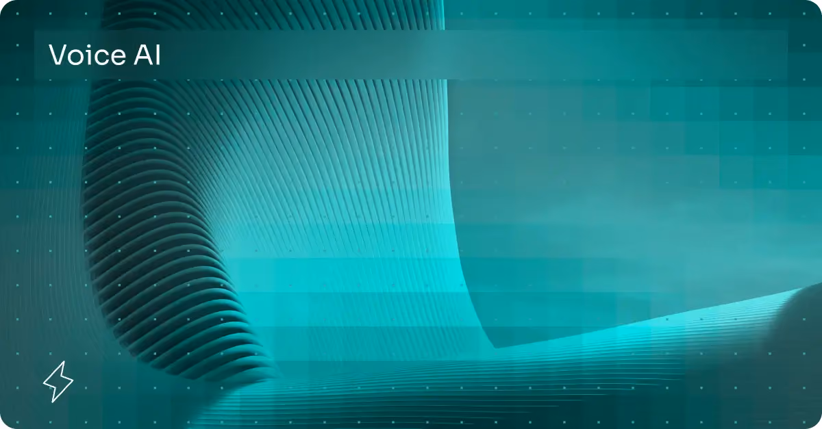 Abstract teal digital waves with curved lines and cubes, labeled Voice AI in top left corner.