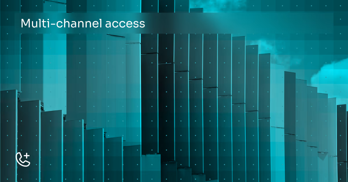 Abstract image of overlapping transparent blue and teal layers with the text 'Multi-channel access' in the top left corner and a small white phone icon with a plus sign in the bottom left corner.