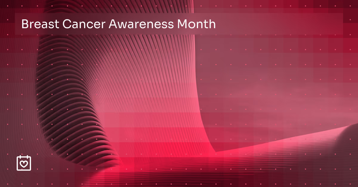 Graphic with pink and red abstract wavy lines and dots background with 'Breast Cancer Awareness Month' text in a rectangular overlay and a calendar icon with a heart in the lower left corner.