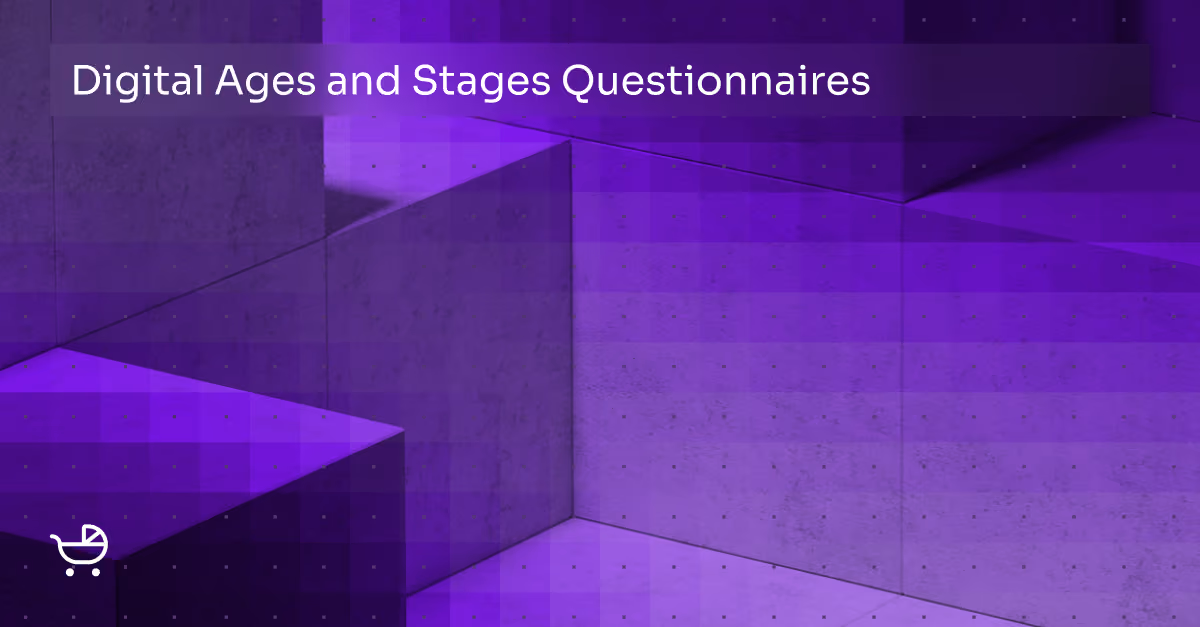 Purple-toned abstract geometric background with the text 'Digital Ages and Stages Questionnaires' in white at the top left and a small white baby stroller icon in the bottom left corner.