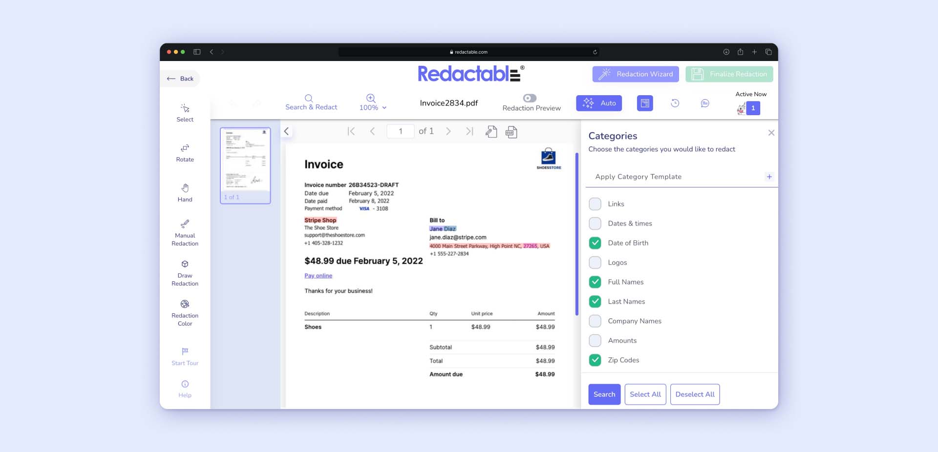Select the categories of the items you'd like to redact.
