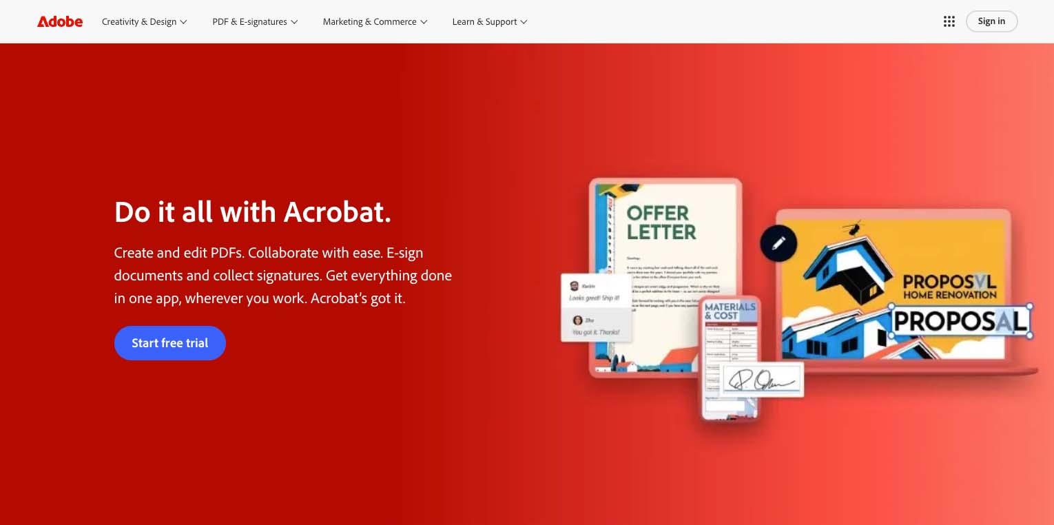 Adobe Acrobat's homepage displaying the highlights of their PDF editor.