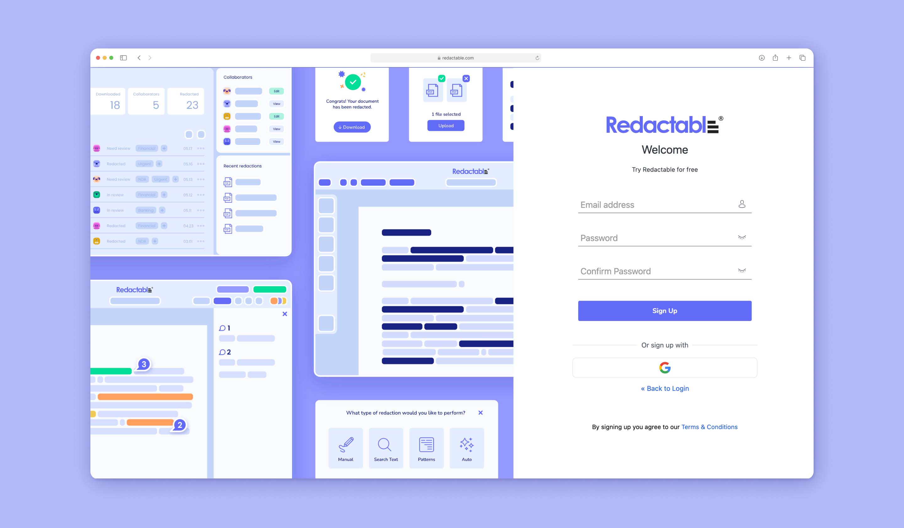 Redactable's login page, here you are also able to make an account.