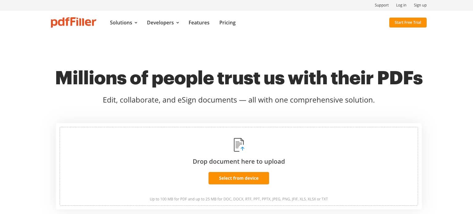 PdfFiller homepage where you can directly upload your documents for editing, collaboration, and esignature.