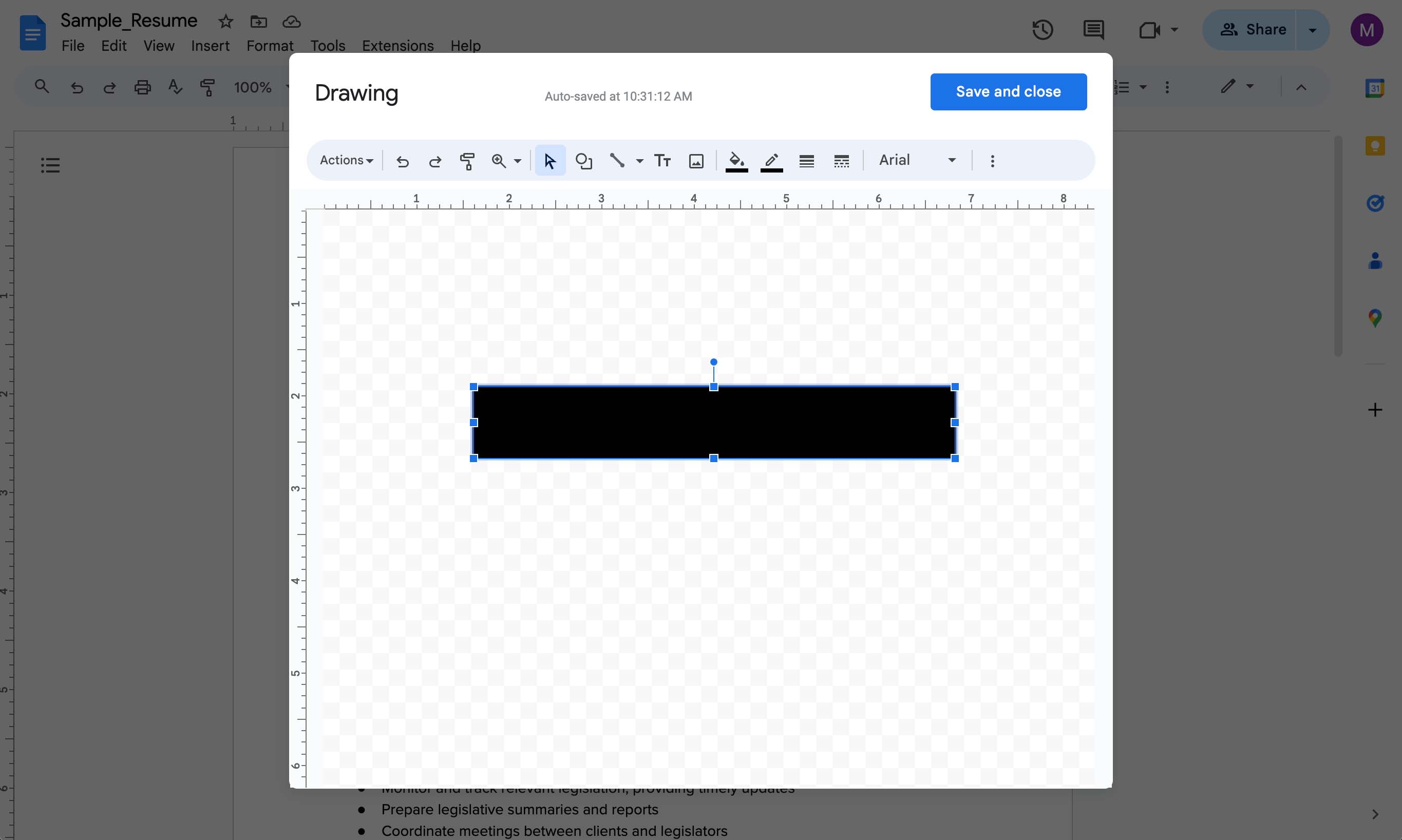 Drawing your own text box to cover sensitive info within Google Docs.