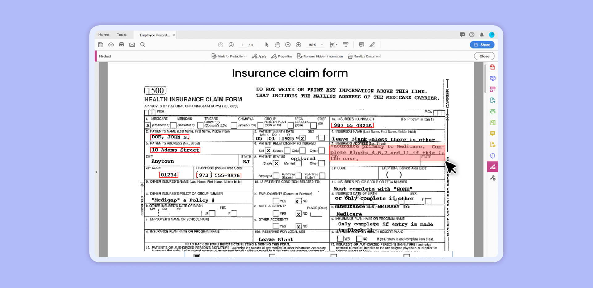 Example of insurance claim form